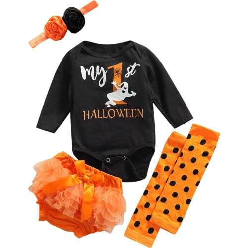 Newborn Long Sleeve Romper + Shorts + Leggings + Flower Hair Accessories, Celebrating My First Halloween