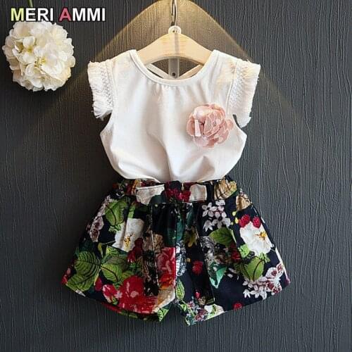 MERI AMMI 2 pcs Set Children Girl Clothing Outfit Set Lace Tee +Flower Shorts For 2-13 Year Girl