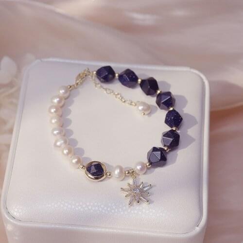 Korea Hot Fashion Jewelry blue Spar Freshwater Pearl Handmade Beaded Bracelet Sweet Astral Womens Birthday Gift Bracelet