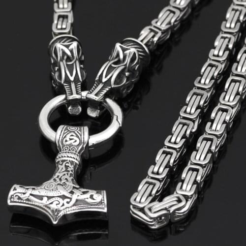 Men Fenrir wolf head with MJOLNIR Thor Hammer norse viking pendant necklace king chain