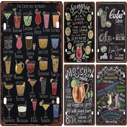 License Plate Vintage Metal Poster of The Cocktail Alphabet Sangtia Cuba Libre Moscow Mule Rum Bar Decorative Pub Wall Stickers