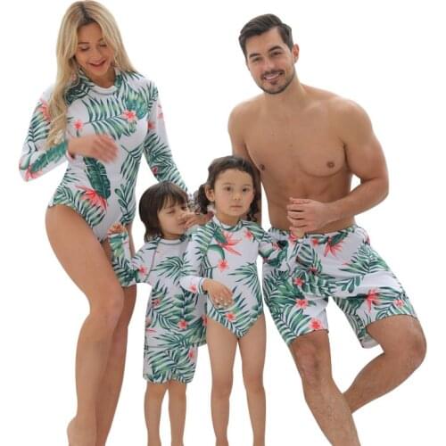 2021 New long sleeve Family Matching Swimsuit Women Leaf Mother Daughter Kid Boy Girl Child Swimwear Bathing Swim Suit Maillot