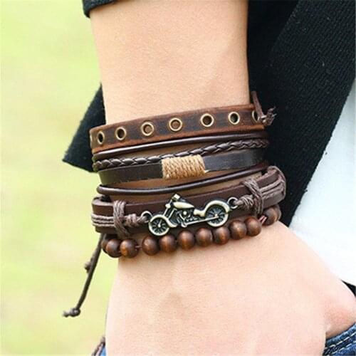 New Boho Multilayer Leather Bracelet set Pulsera Hombre Rope Beads Wrap Charm Men Bracelets for Women Jewelry Bileklik 2019