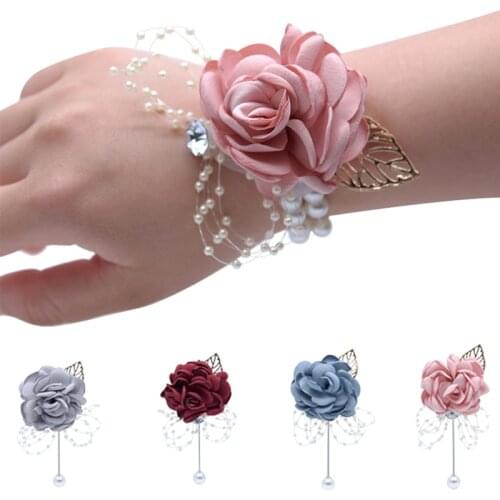Handmade Pearl Silk Satin Flowers Bouquet Corsage for Wedding Party Bride Bridesmaid Wrist Flowers Accessories