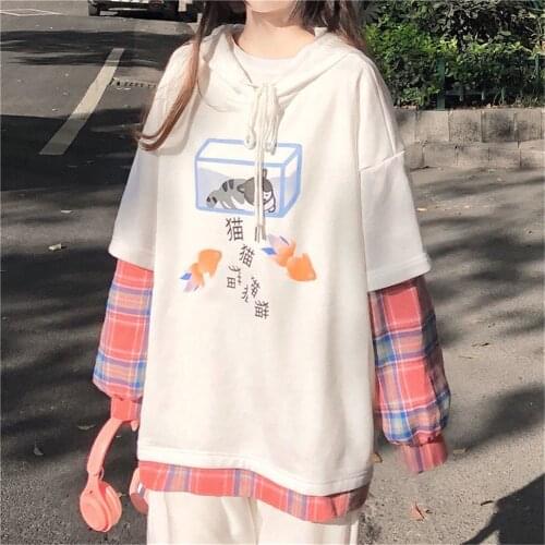 Kawaii Patchwork Cat Print Hoodie Sweatshirt Girl Women Loose Punk Hip Hop Tops Cute Funny Oversize Korean High Street Hoodies