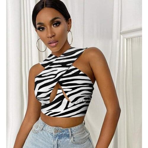 Sexy Cross Tank Tops Women Sleeveless Printed Cutout Front Crop Top Party Club Streetwear Summer Lady Bustier Tops