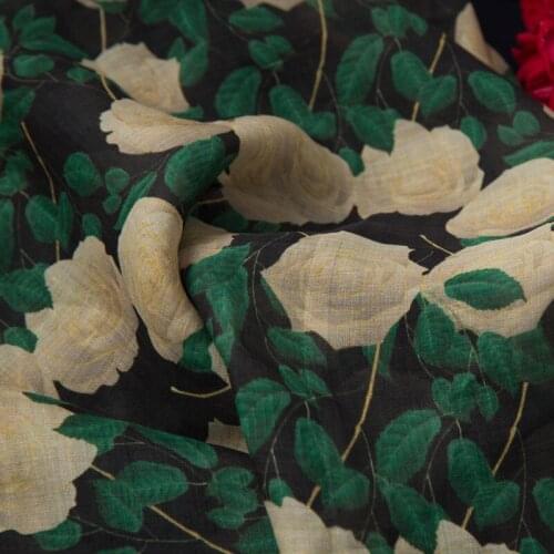 High quality ramie tissu High-end gowns, dresses, trousers, shirts and jackets fabric White Rose printing material
