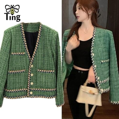 Tingfly Designer Elegant Women Autumn Winter Tweed Short Jackets Coat Casual Green Color Button Decor Outerwear Casaco Traf New
