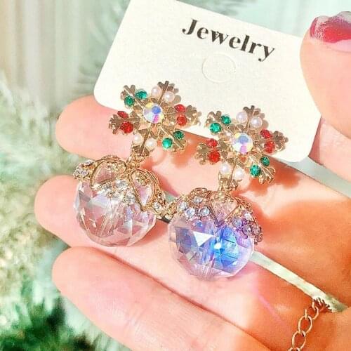 MENGJIQIAO Korean Elegant Rhinestone Snowflake Drop Earrings For Women Fashion Crystal Ball Christmas Party Pendientes Jewelry