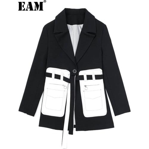 [EAM] Women Black Pocket Split Temperament Blazer New Lapel Long Sleeve Loose Fit Jacket Fashion Spring Autumn 2021 1S394
