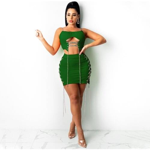 Chain Lace Up Hollow Out Bandage 2 Two Piece Dress Set Women Spaghetti Strap Crop Top and Bandage Mini Skirt Matching Outfits