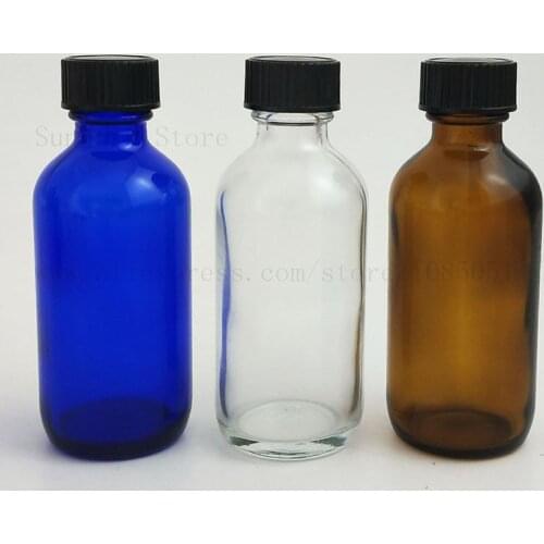 10Pcs Cobalt Blue Clear Amber 2 Oz 60ml 60cc Boston Round Glass Bottle PolySeal Black Phenolic Cone Lined Caps