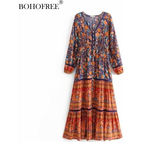 Bohemian Style V Neck Long Sleeve Autumn Wear Rayon Cotton Vestidos Casual Holiday Boho Lace Maxi Hippie Robe Dress
