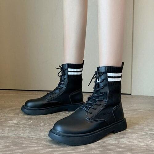 Platform Sock Boots Wedge Women Shoes Winter Ankle Boot Heel 6CM Platform Shoes Woman Leather Winter Warm Back Lace Up Boots