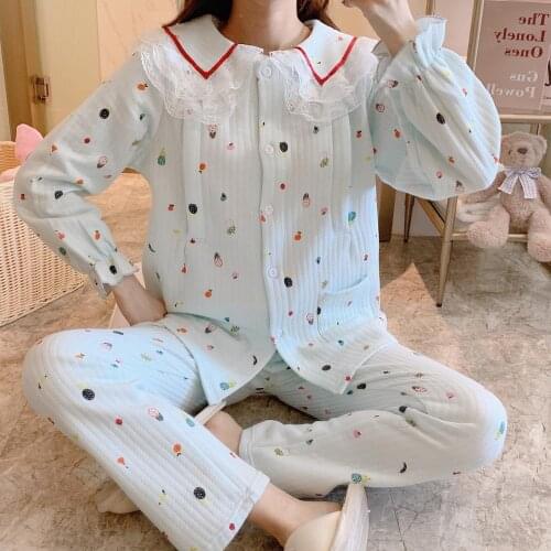 Pure cotton thick lace collar air layer fruit pregnant women postpartum breastfeeding confinement clothes maternity clothes