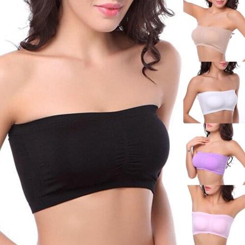 Women Solid Color Padded Tube Top Bandeau Strapless Bra Brassiere Chest Wrap