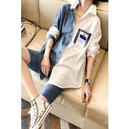 Denim stitched shirt womens thin design sense of minority loose European top spring and autumn 2021 new style