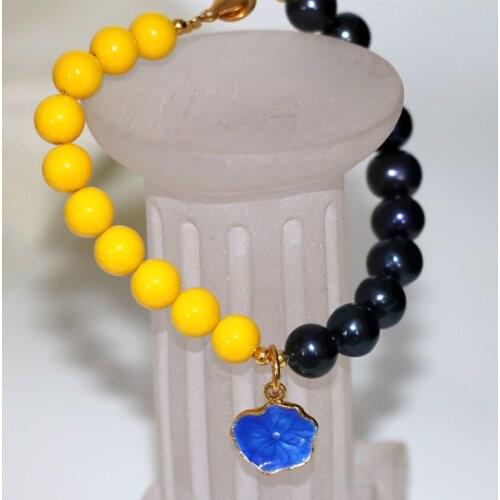 Bohemia style elegant natural 9-10mm black pearl yellow baking paint glass 8mm round beads bracelets gifts jewelry 7.5inch B2967