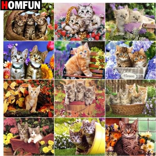 HOMFUN 5D Diamond "Cat flower cute" Diamond Embroidery Full Round/ Square Diy Diamond Painting Cross Stitch Home Decor