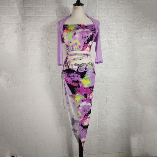 New fashion clothing belly dance costume set off shoulder top and long skirt points mesh belly cover 2pcs