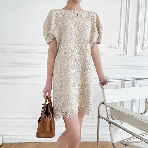 Summer Lace Hollow Dress Women 2021 A-Line O-Neck Puff Sleeve Cotton Dress Beach Casual Party Dress