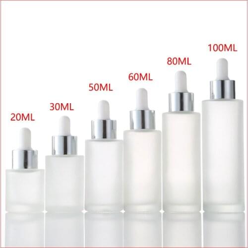 20/30/40/50/60/80/100ML frosted dropper glass bottle w silver collar &white top lotion bottle glass bottle Cosmetic Packaging