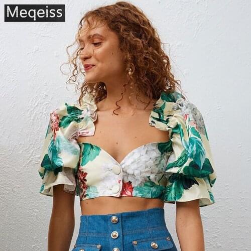 Meqeiss New Summer Fashion Casual Patchwork Print Puff Sleeve Chest-wrapped Navel Slim Short Top Women Nightclub club sexy tops