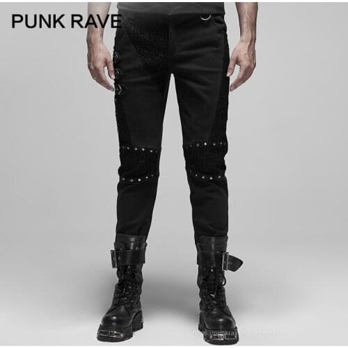 PUNK RAVE Mens Punk Style Classic Simple Style Pants Coarse Twill Fabric Mesh Splice Man Pencil Trousers