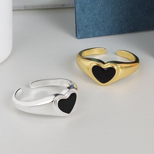 Romantic Simple Black Heart-shaped Gold Open Rings for Women Adjustable Wedding Rings Metal Punk Party Jewelry Gift Wholesale