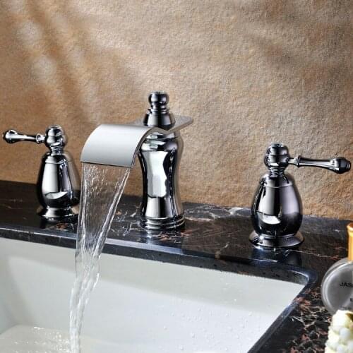 Luxury chrome Solid brass Bathroom Dual Handle Three Hole Mixer Taps Hot and cold water basin Waterfall Faucet--5287