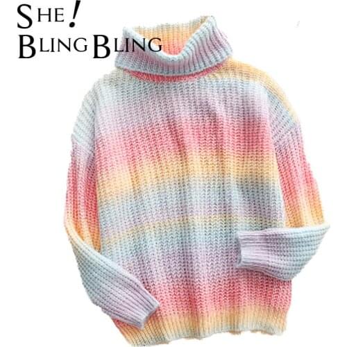 SheBlingBling Za Woman 2021 Rainbow Traf Sweaters Turtleneck Pullovers Tie Dye Winter Jumper Knitwear Casual Pull Femme Tops