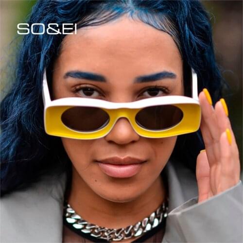 SO&EI Fashion Unique Rectangle Colorful Sunglasses Women Vintage Blue Pink Yellow Oval Lens Eyewear Men Sun Glasses Shades UV400