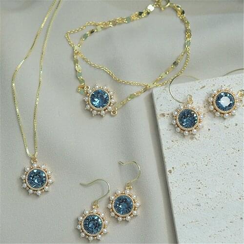 Blue Zircon Natural Pearl Wedding Jewelry Set For Brides 925 Sterling Silver Necklace Bracelet Stud Earrings Set For Women