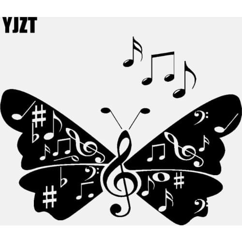 YJZT 15.5CM*12.1CM Vinyl Car Sticker Musical Notes Signs Butterfly Wings Song Decals Black/Silver C24-0272