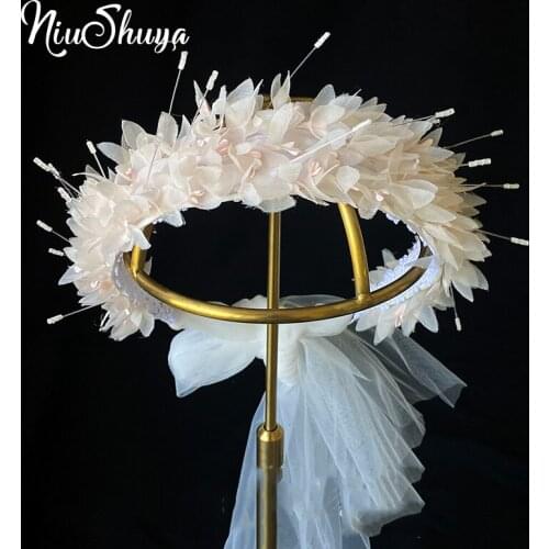 NiuShuya Handmade Women Headdress Party Wedding Hair Accessories White Pink Crystal Flower Headbands Fashion Bridal Hairband