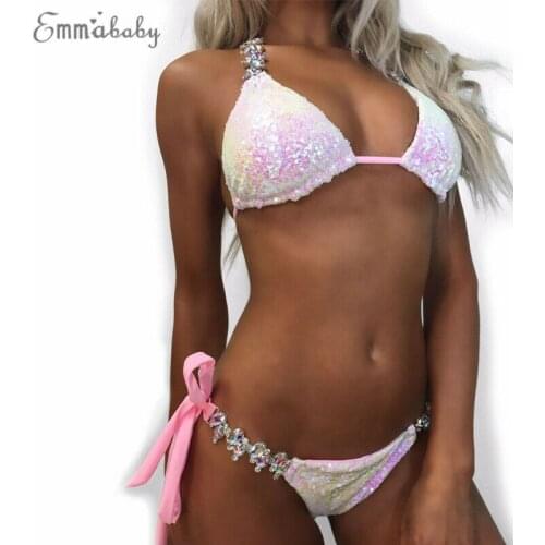 Womens Sexy Bikini Sequin Swimsuit Strappy Solid Beachwear Swimwear Bathing Suit Luxury Bling Women Crystal Bikini Set