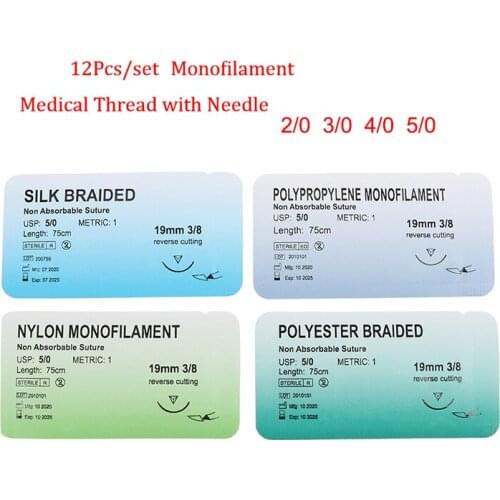 12PCS Needle Suture Monofilament Non-injured Medical Thread with Neddle Surgical Practice Kit 2.0/3.0/4.0/5.0