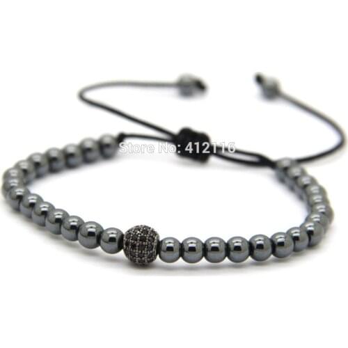 Ailatu High Grade Jewelry 4mm Hematite Stone Round Beads with Gunblack Cz Beads Braiding Macrame Bracelet