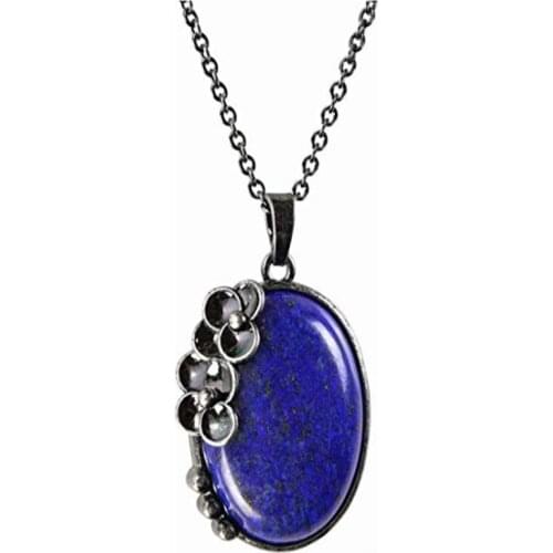 Antique Silver Plated Flower Oval Shape Lapis Lazuli Pendant Link Chain Necklace Amethysts Crystal Jewelry