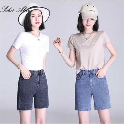 Free Shipping 2021 Womens Summer New Casual Loose Straight Denim Shorts Elastic Waist High Waist Thin Five-Point Shorts