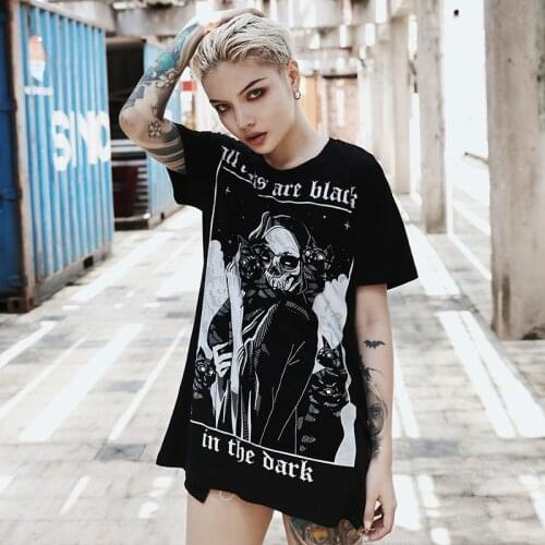 Dark Harajuku Lazy Black T-shirt Womens Loose Reaper Print Korean Real Shot Funeral Short Sleeve Y2k Aesthetic Woman Tshirts