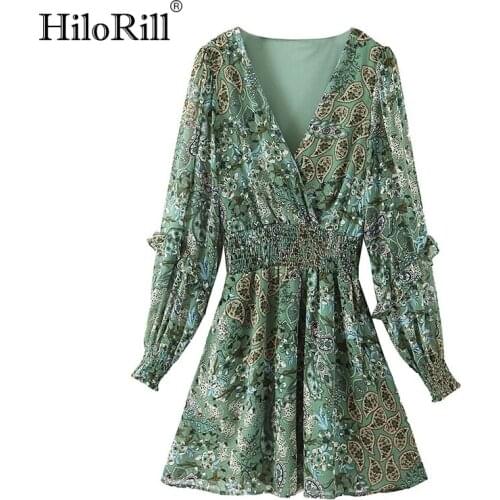 HiloRill Women Vintage A Line Mini Dresses Floral Print Ruffle Long Sleeve Party Dress Female Casual V Neck Boho Beach Dress
