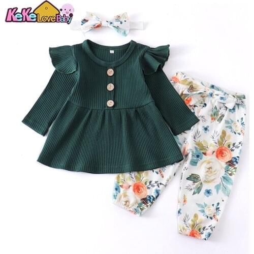 3Pcs Newborn Infant Baby Girl Clothes Autumn Knitting Long Sleeve Ruffle Tops Floral Pants Headband Cotton Clothing Outfit Set