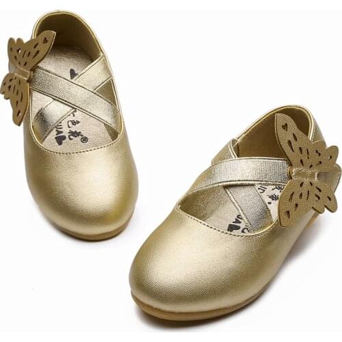 Lovely Butterfly Kids Princess Shoes for Girl soft Childrens Dancing Performance Shoes flat Silver White Gold SO001