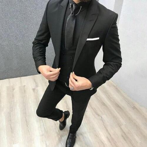 New Style Men Suits Black Groom Tuxedos Peak Lapel Groomsmen Wedding Bridegroom 3 Pieces ( Jacket+Pants+Vest+Tie ) D177
