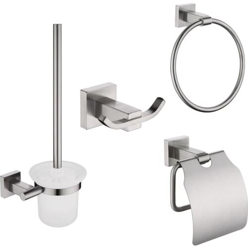 304 Stainless Steel Bathroom Accessories Set Double Robe Hook Towel Ring Toilet Brush Holder Paper Tissue Holder Wall Mounted