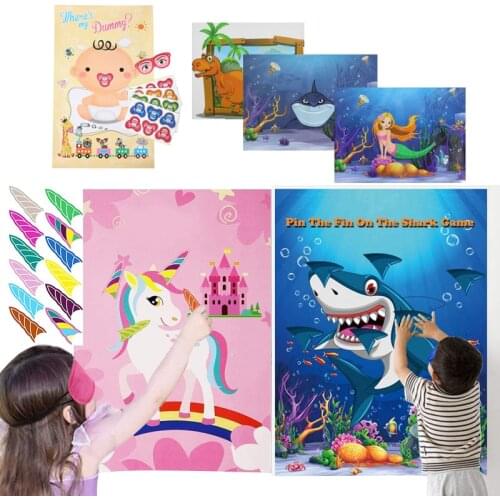 Cartoon Stickers Girls Boys Pin the Teeth Dummy Horn Tail on Poster Unicorn Dinosaur Shark Mermaid Baby Party Games Sticker Gift