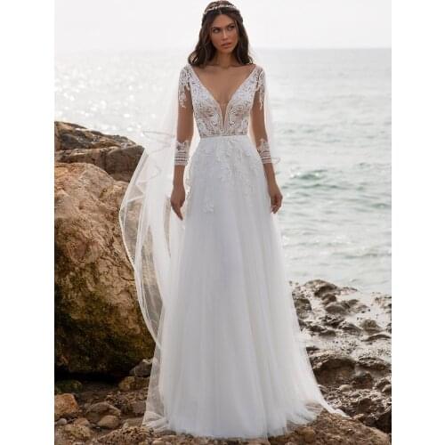 V-Neck Tulle Beach Appliqued Wedding Dress Simple Open Back Floor Length Three Quarter Sleeves Boho Ceremony Cruise Bridal Gowns