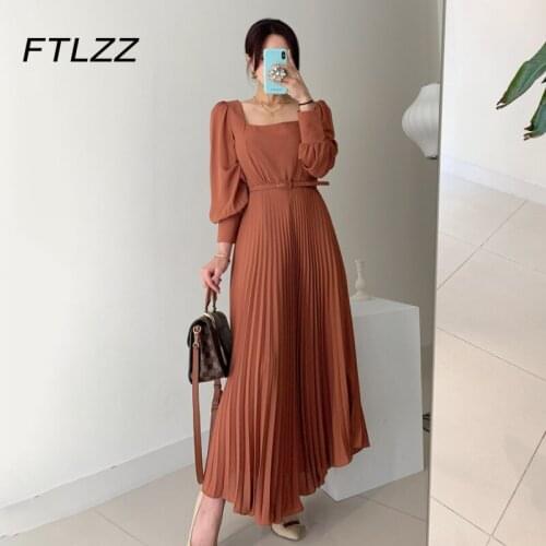 Spring Autumn Elegant Pleated Dress Women Slim High Waist Long Sleeve Vintage Square Neck Midi Dresses Ladies Office Wear Dress