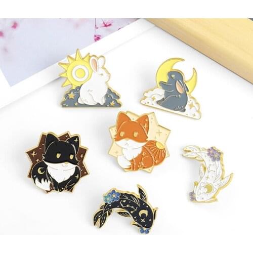 Sun Moon Couple Animals Enamel Pins Fox Rabbit Fish Brooch Lapel Badge Bag Cartoon Jewelry Gift for Kid Friend